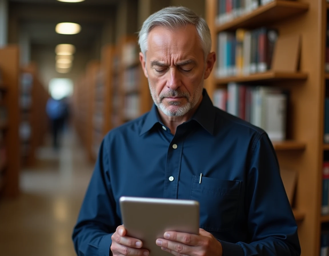 Homme consultant la messagerie universitaire Aix-Marseille sur une tablette en bibliothèque