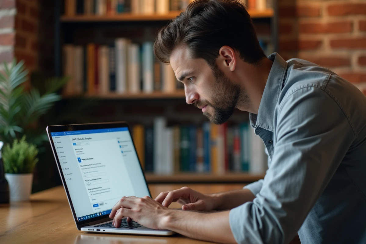 Homme configurant un compte email EDF sur Outlook depuis un bureau à domicile avec laptop