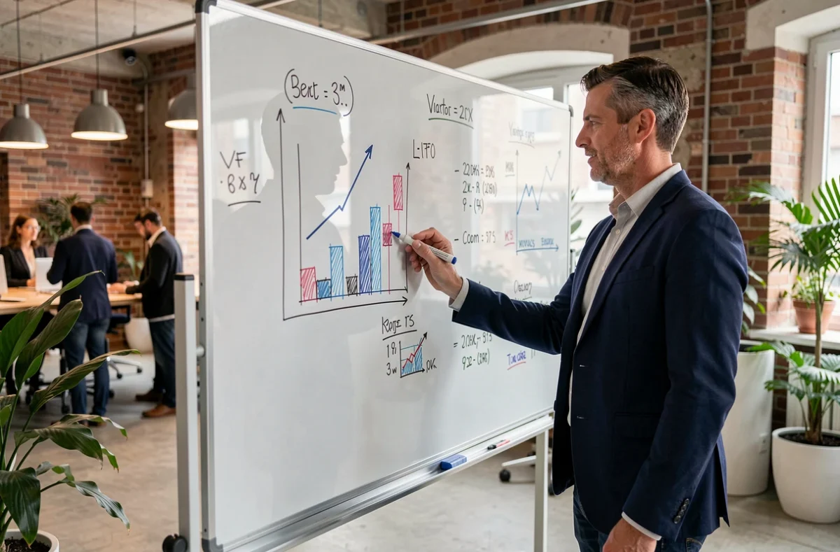 Homme d'affaires présentant des données économiques et financières sur un tableau blanc dans un espace de coworking