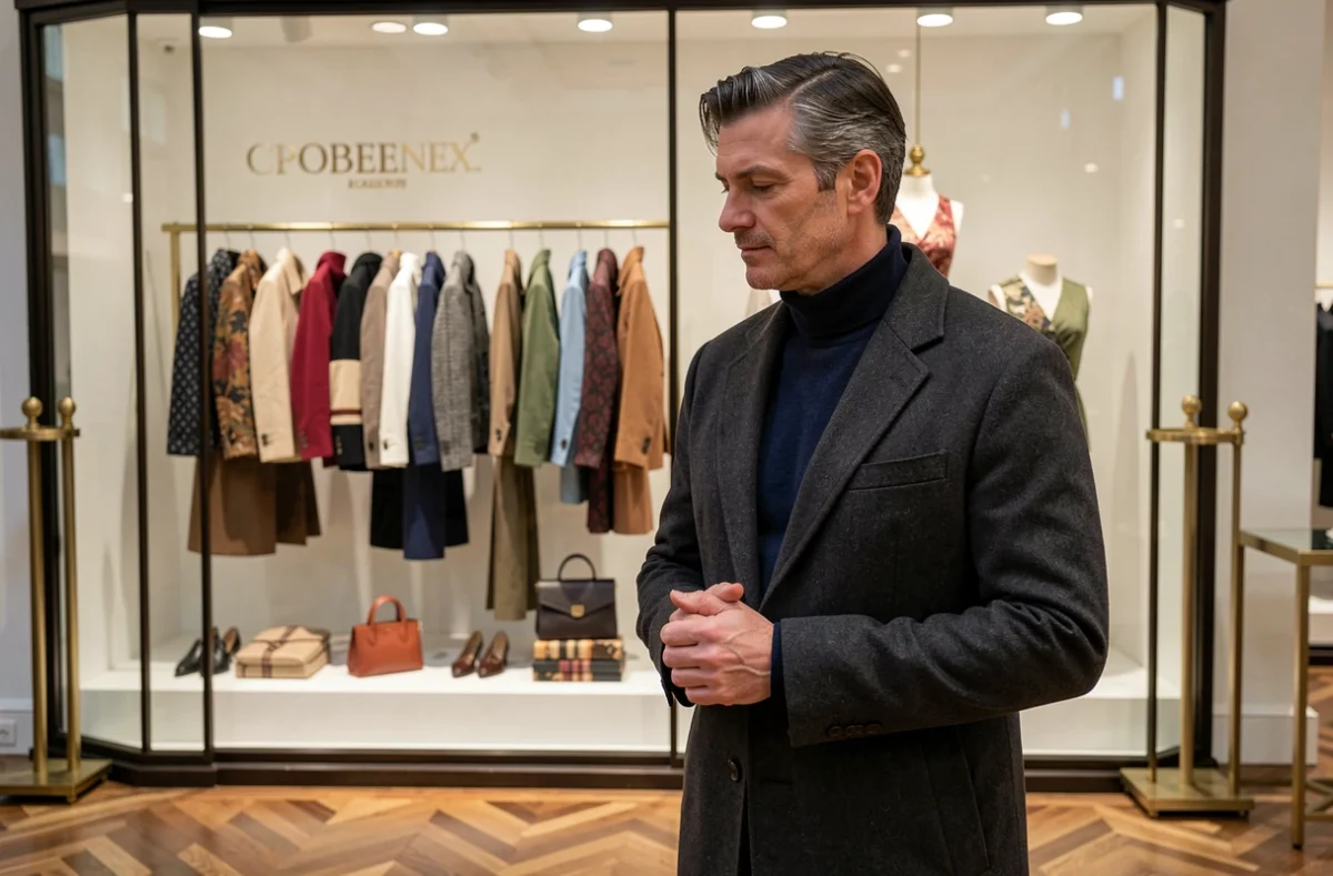 Homme élégant contemplant une vitrine de galerie de mode avec des accessoires de saison soigneusement exposés