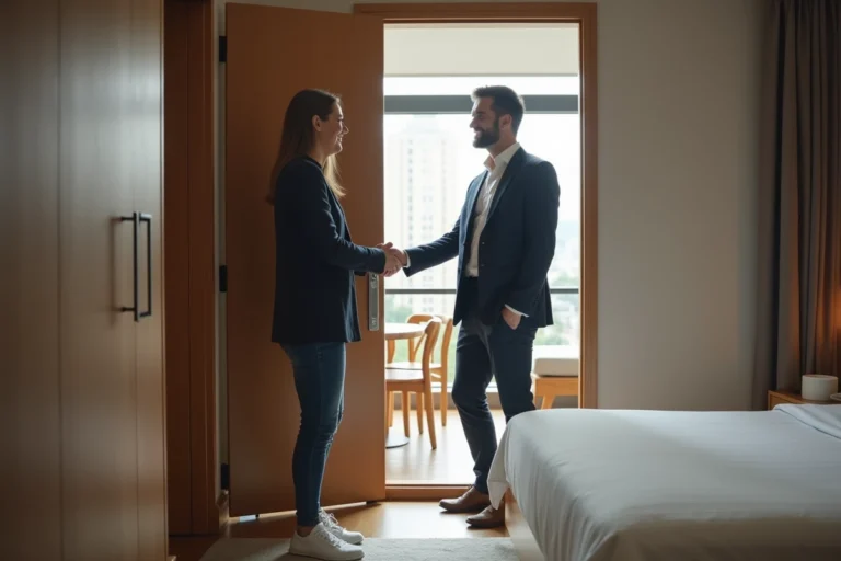 Homme élégant accueillant une femme dans une chambre d'hôtel moderne
