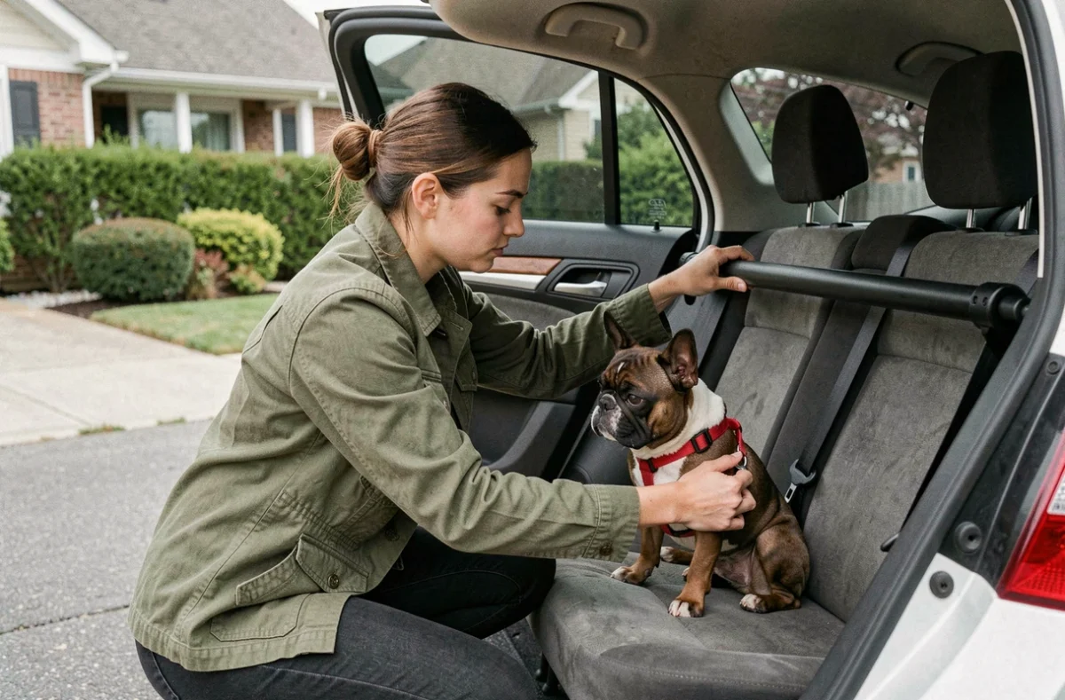 Jeune femme installant une barre anti écrasement sur la banquette arrière de sa voiture pour protéger son chiot bouledogue français