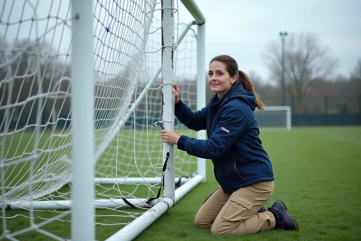Femme fixant un filet de but de football sur des poteaux métalliques sur un terrain de sport en plein air