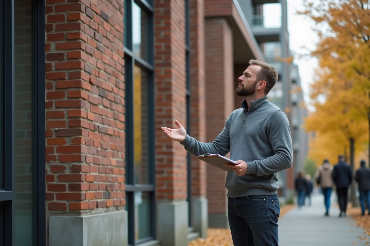 Investisseur immobilier examinant la façade d'un immeuble rénové dans une rue urbaine en automne