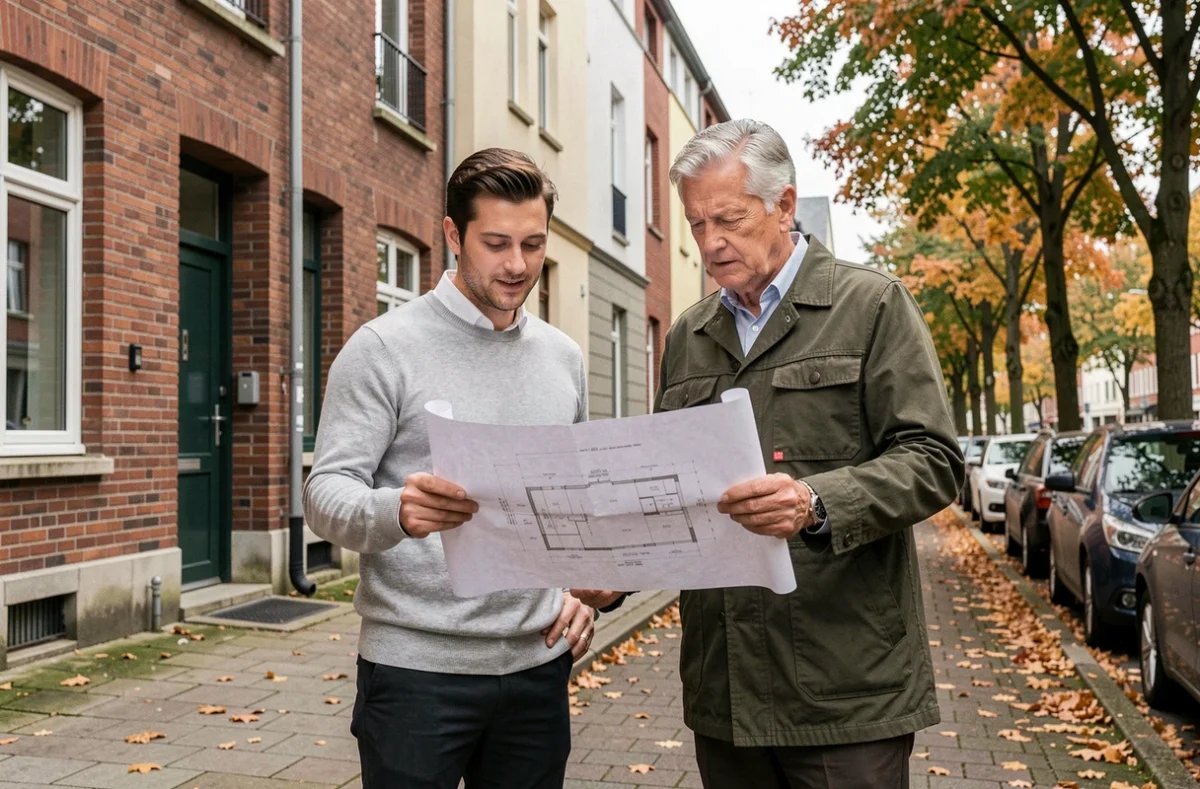 Deux investisseurs immobiliers examinant des plans architecturaux devant un immeuble rénové en automne, stratégie d'investissement en 2024
