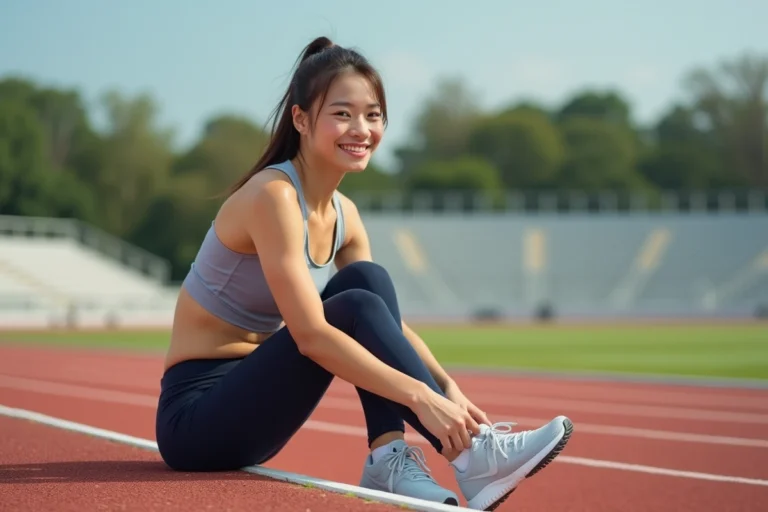 Jeune athlète femme en course s'apprêtant à courir