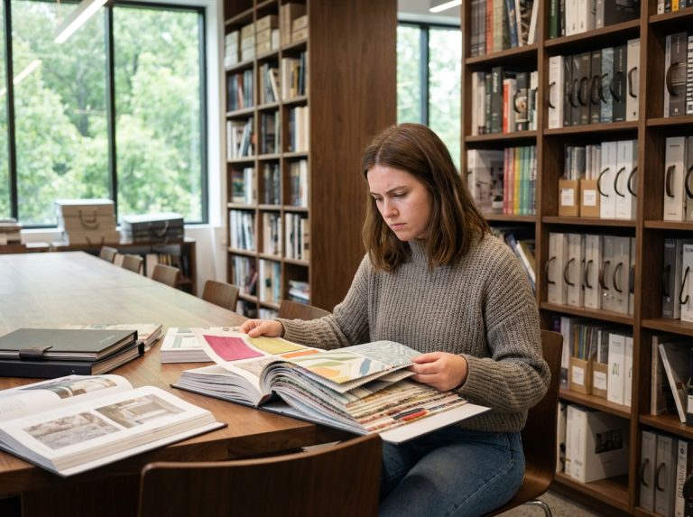 Jeune femme examine des portfolios de design intérieur