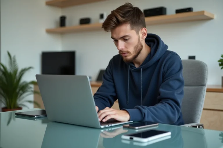 Jeune homme en hoodie bleu travaillant sur un ordinateur dans un bureau moderne