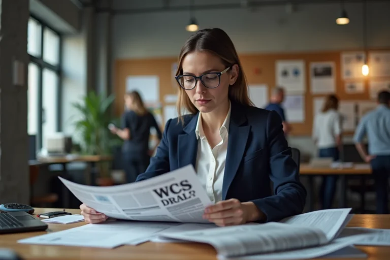 Journaliste femme analysant des articles dans une salle de rédaction moderne pour décrypter l'actualité
