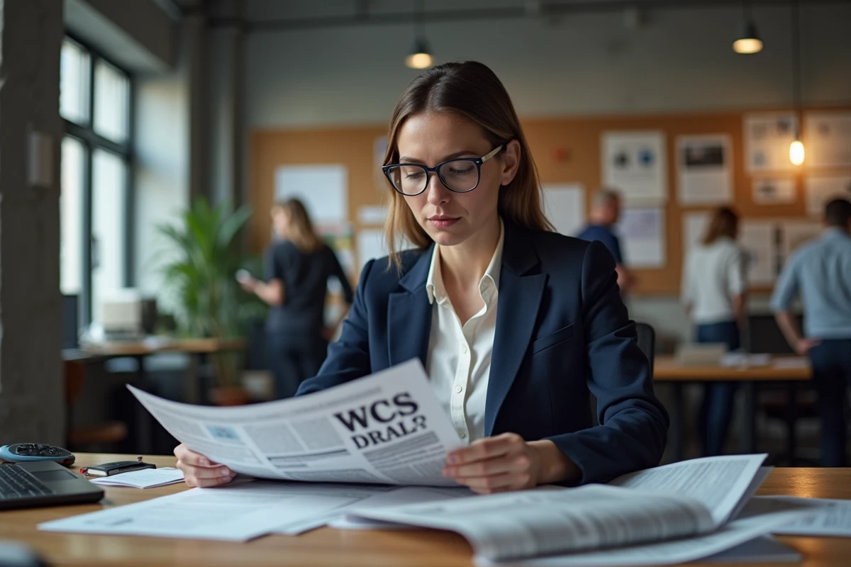 Journaliste femme analysant des articles dans une salle de rédaction moderne pour décrypter l'actualité