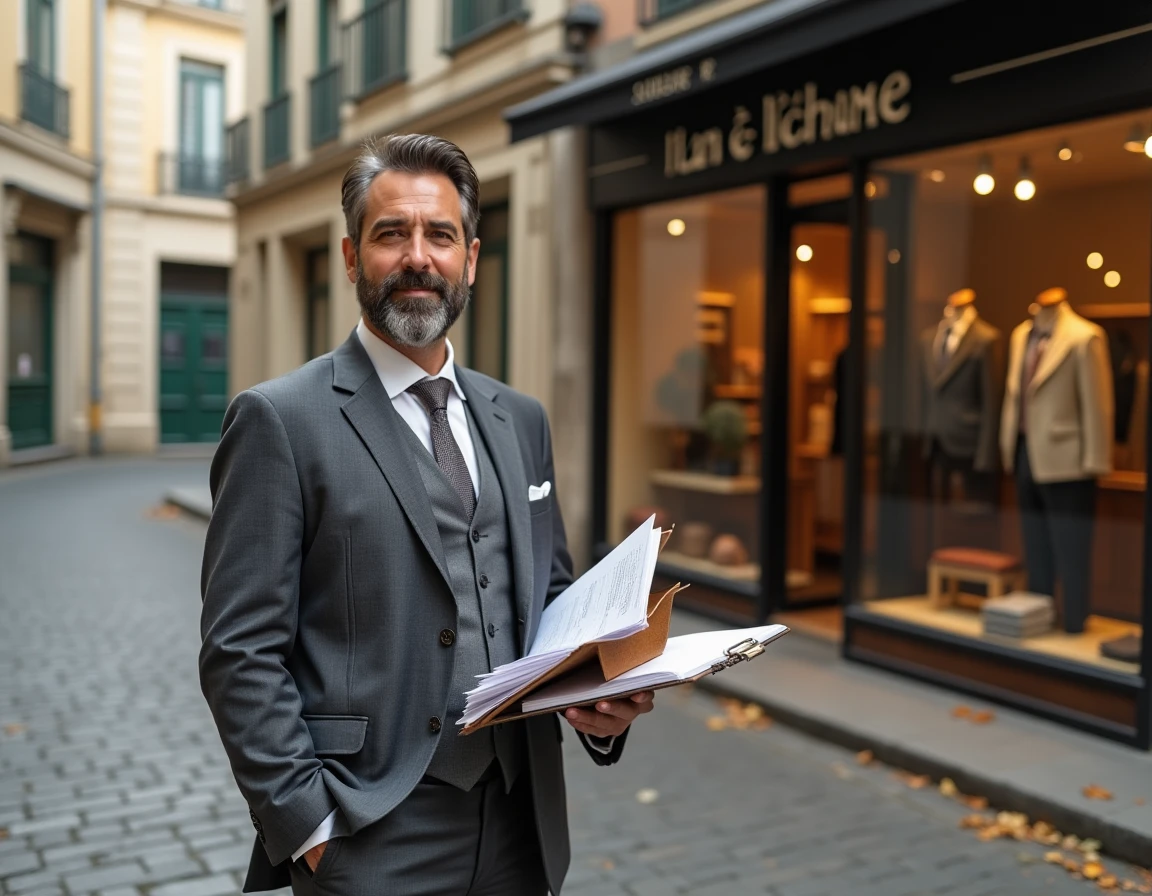 Chef d'entreprise devant sa boutique nouvellement ouverte dans une rue pavée de Lyon, illustrant le lancement d'une PME en France