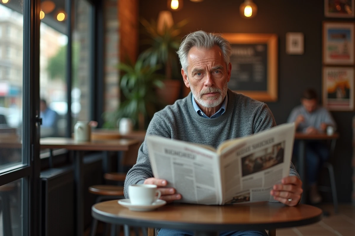 Homme lisant attentivement un journal dans un café pour s'informer sur l'actualité fiable