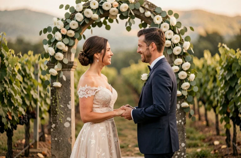 Mariés échangeant leurs vœux sous un arc de roses blanches dans un vignoble rustique, robe en dentelle ivoire et costume bleu marine