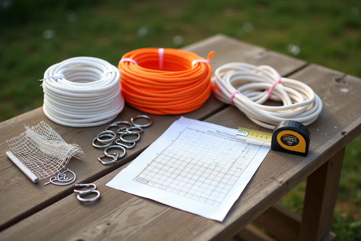 Matériaux nécessaires pour fabriquer un filet de but de football, incluant corde, filet nylon et accessoires de fixation