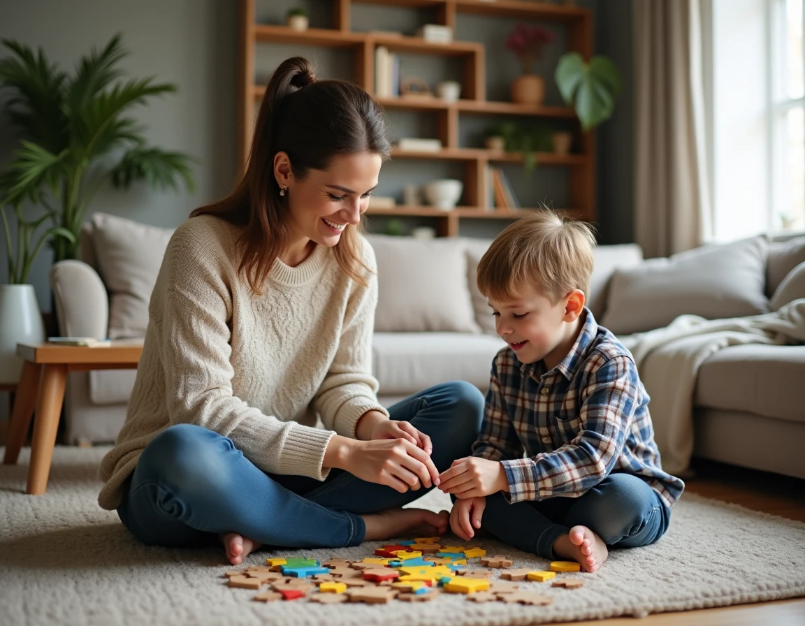 Mère et fils jouant ensemble à un puzzle en bois sur le sol du salon, renforçant leur complicité dans un environnement familial chaleureux