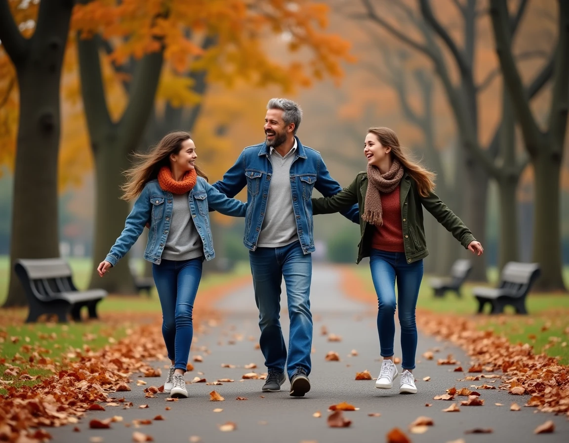Père et ses deux filles se promenant ensemble dans un parc en automne, bras dessus bras dessous, partageant un moment de joie et de connexion familiale