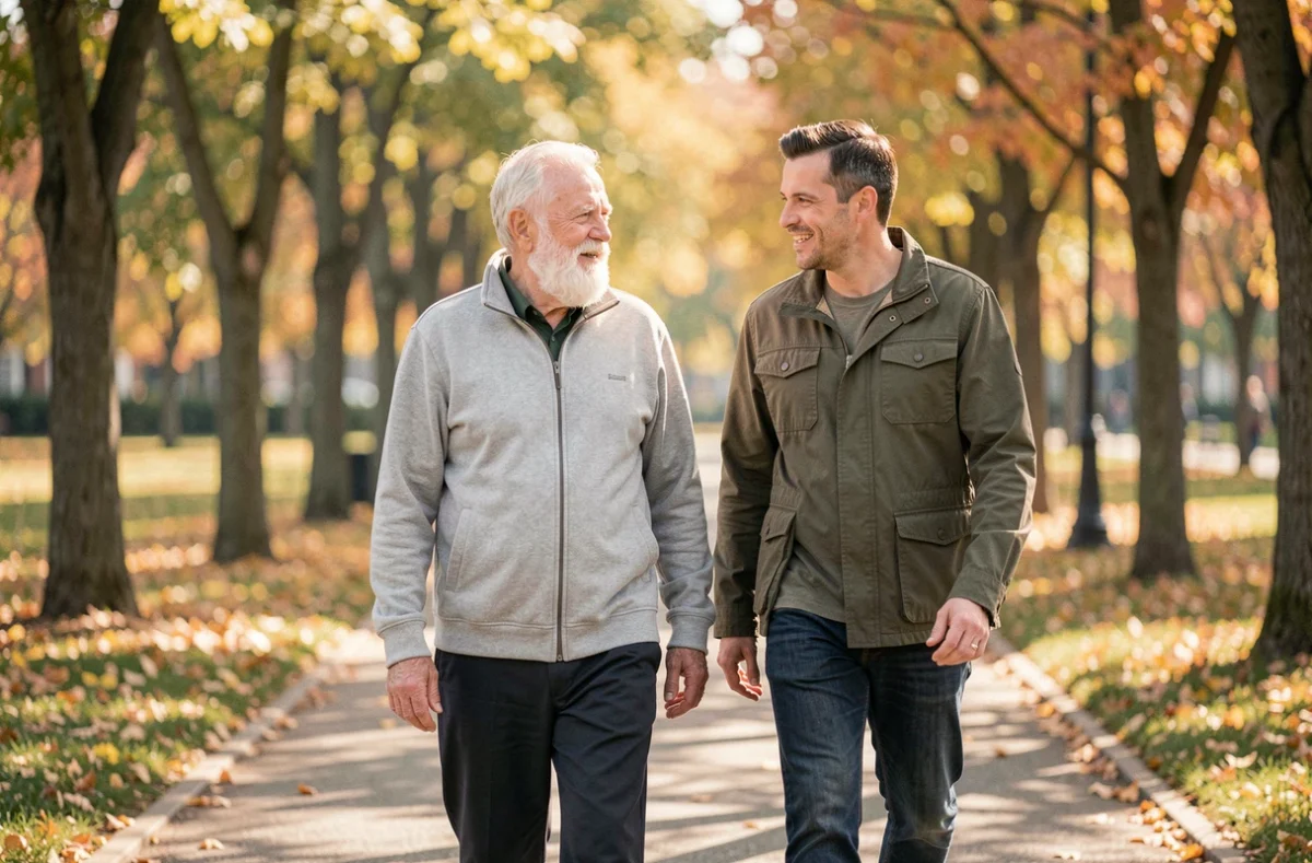 Un senior et son accompagnateur se promènent ensemble dans un parc en automne, représentant un service d'accompagnement extérieur pour personnes âgées autonomes