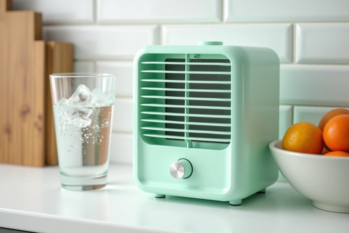Gros plan sur un rafraîchisseur d'air de bureau vert menthe posé sur un plan de travail de cuisine blanc avec un verre d'eau glacée et des fruits frais