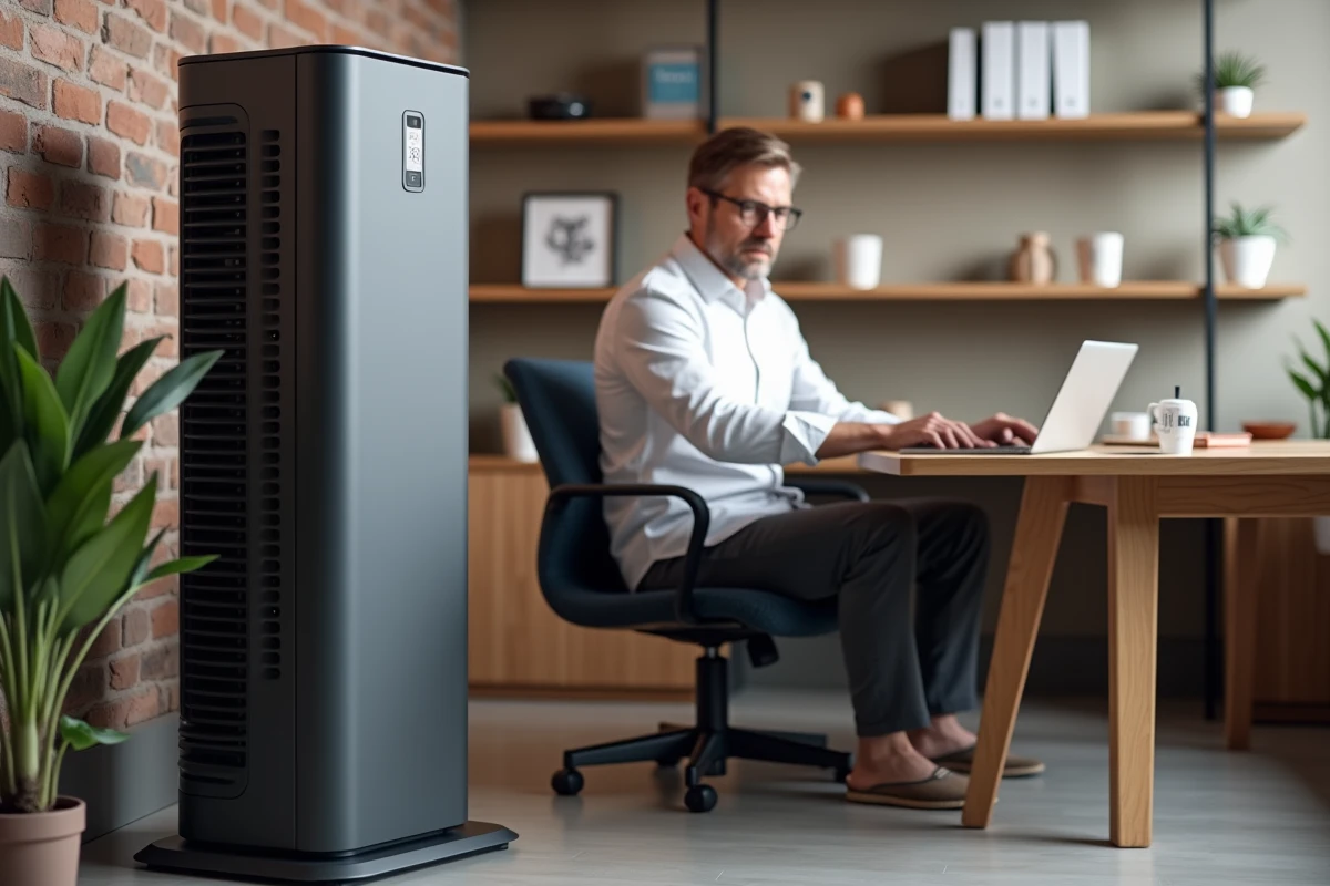 Rafraîchisseur d'air colonne gris anthracite dans un bureau à domicile contemporain avec homme travaillant sur un ordinateur portable