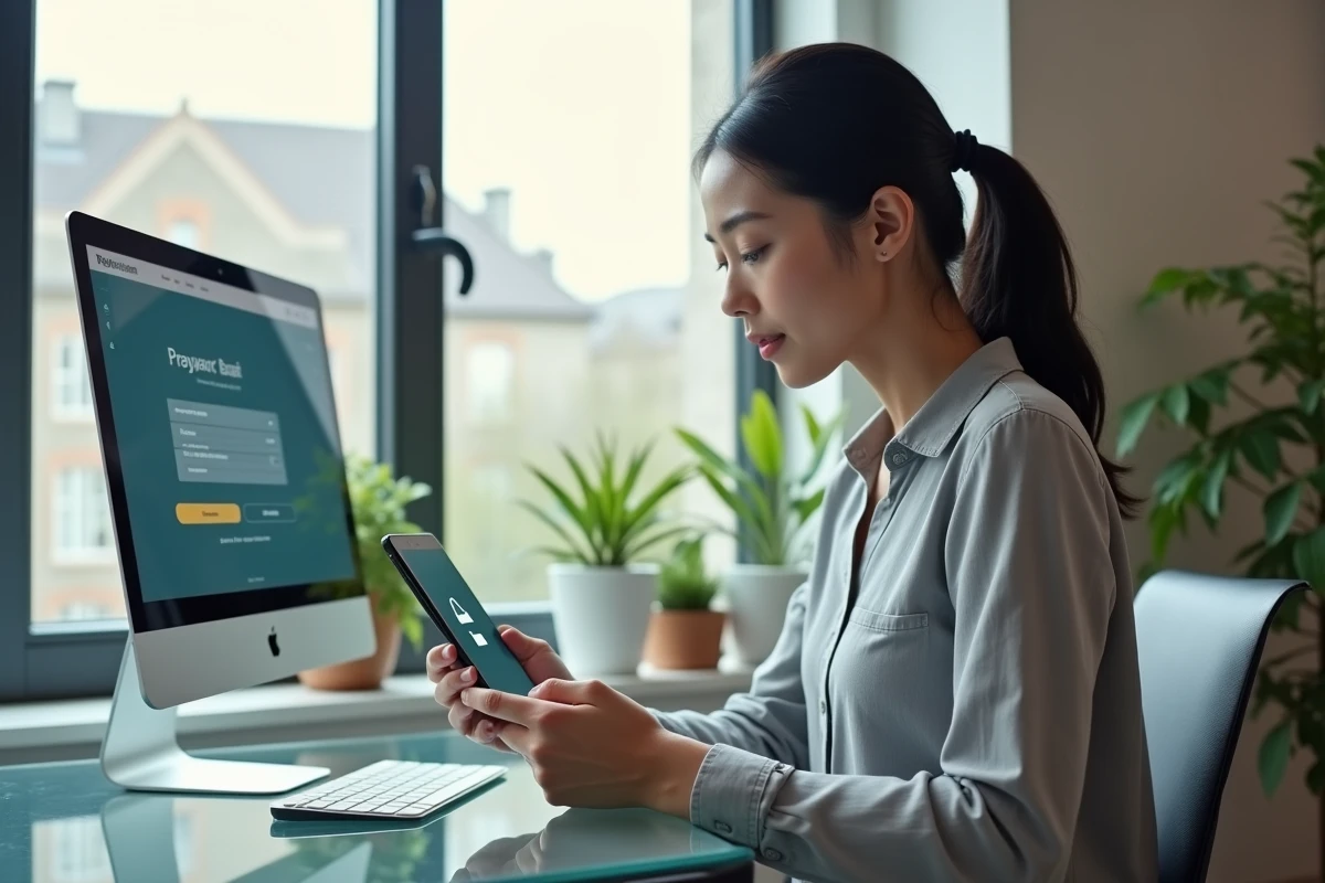Femme consultant son téléphone pour réinitialiser son mot de passe sur un portail propriétaire ITEA