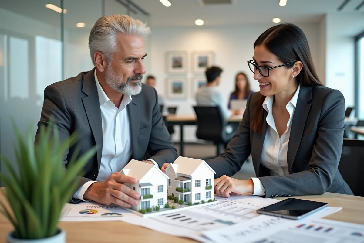 Deux professionnels de l'immobilier discutant d'un projet résidentiel avec maquette et plans dans une agence moderne