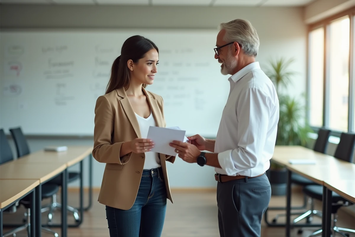 Stagiaire recevant son appréciation de fin de stage de son tuteur dans une salle de formation professionnelle