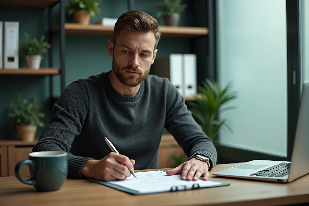 Tuteur de stage rédigeant une appréciation écrite sur un formulaire d'évaluation dans son bureau