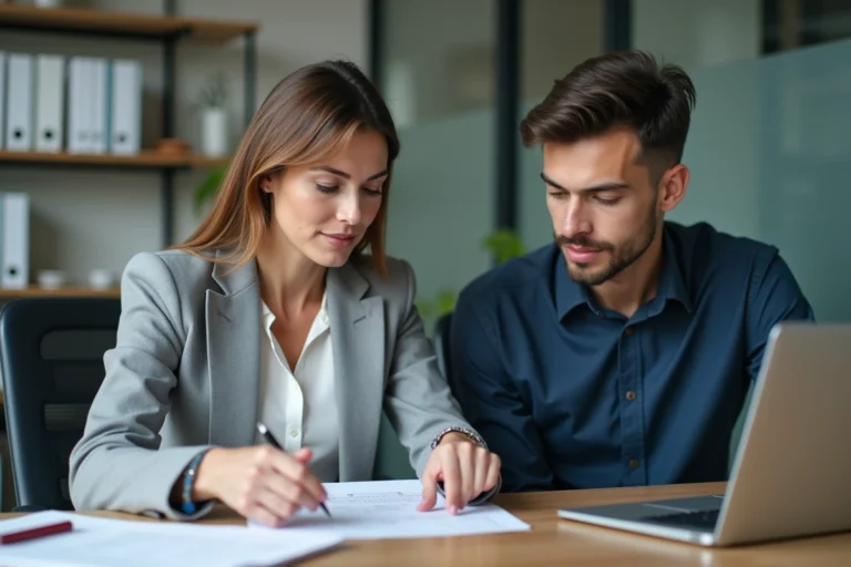 Tutrice de stage et stagiaire en train d'examiner ensemble une fiche d'appréciation dans un bureau professionnel moderne
