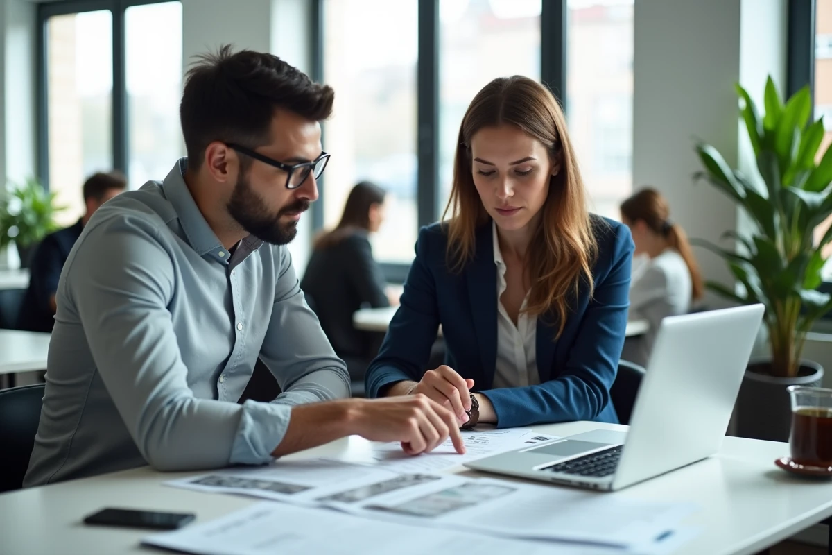 Deux professionnels vérifiant des sources d'information sur ordinateur dans un espace de coworking